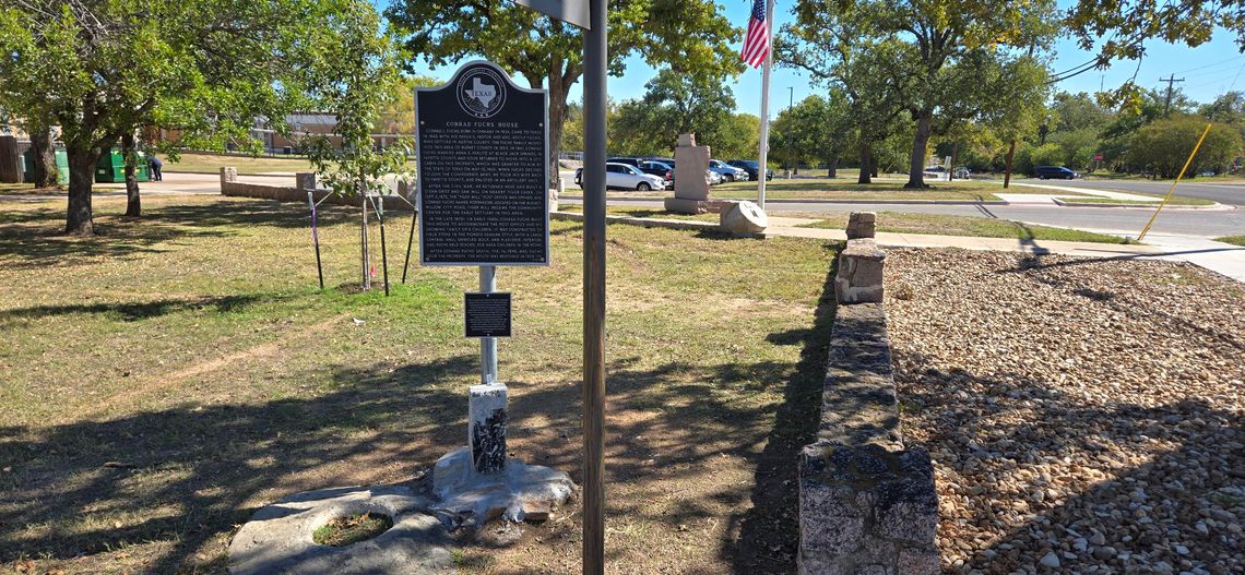 Duplicate Fuchs House historic marker now at Falls on the Colorado Museum
